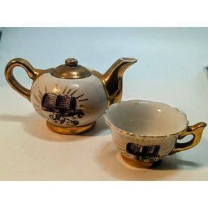 Miniature Teapot And Teacup Vintage Bible Print Religious Gold Plate Doll Teapot